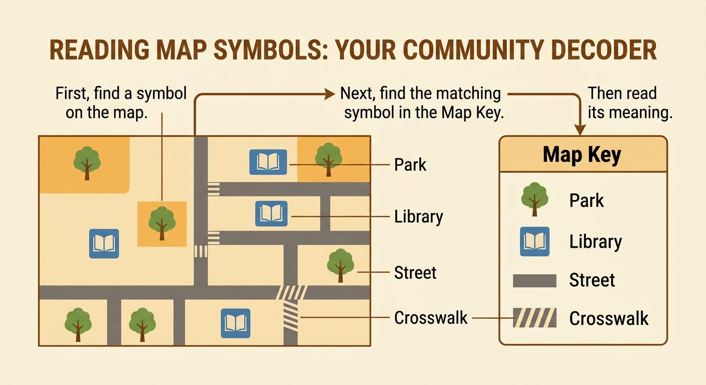 A community map and its Map Key match symbols to a park, library, street, and crosswalk.