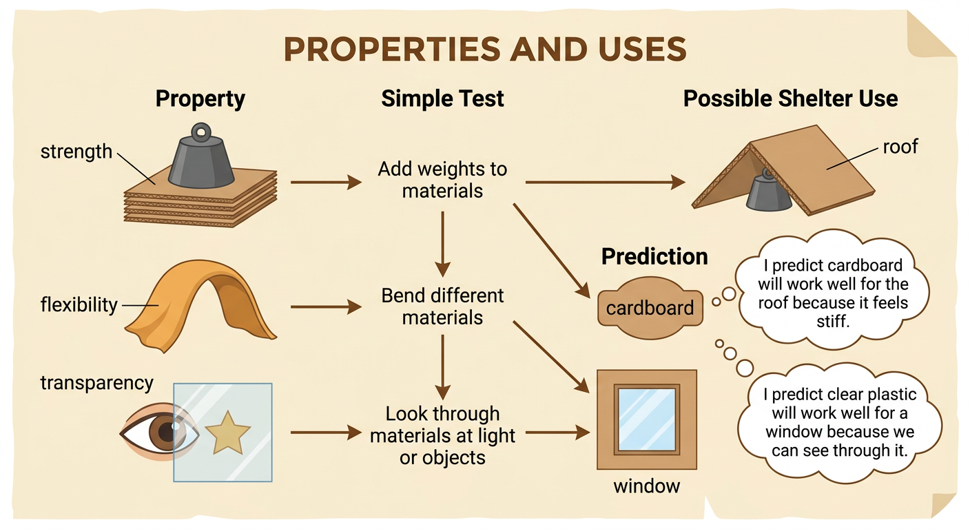 A roof and window are matched with simple examples of three testable material properties.