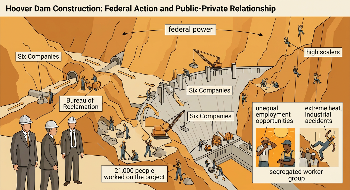 A construction scene shows high scalers above the dam site and the roles of the federal agency and private contractor.