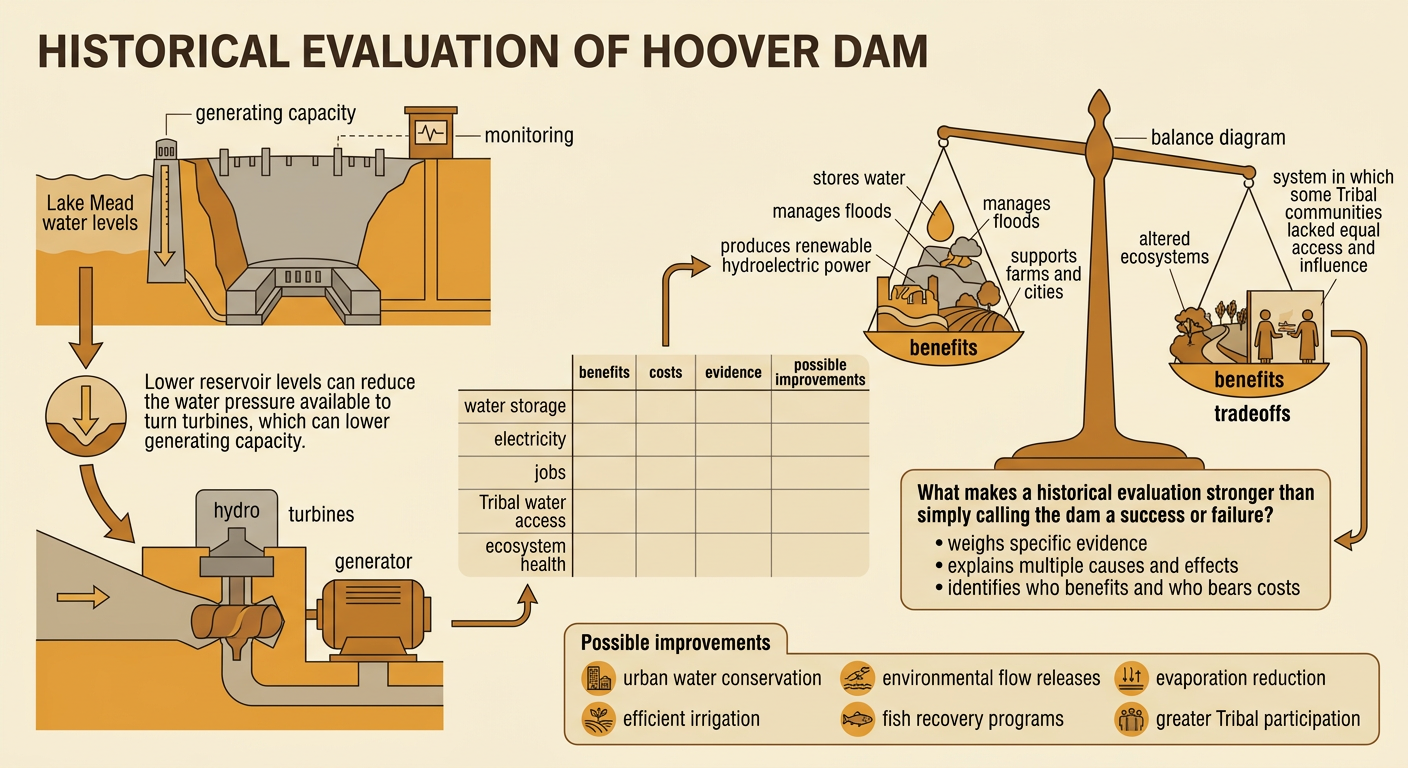 A balance diagram weighs Hoover Dam’s benefits and tradeoffs while a reservoir gauge links Lake Mead water levels to generating capacity.