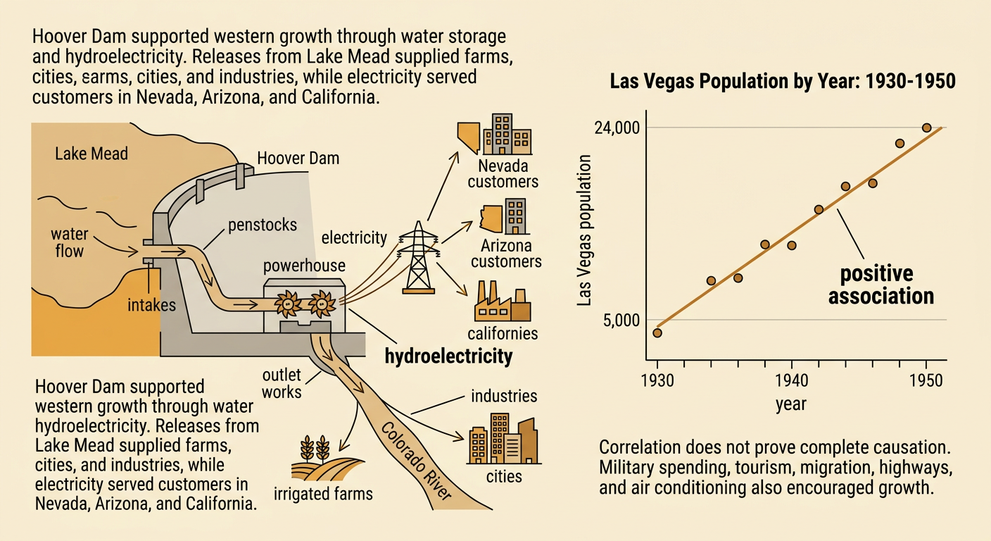 A scatterplot shows the rise in Las Vegas population from 1930 to 1950 beside icons for stored water and hydroelectricity.