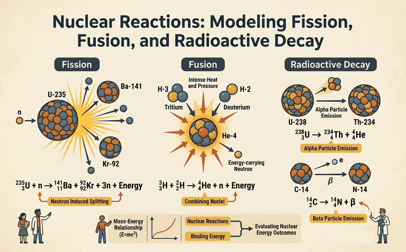 Nuclear Reactions: Modeling Fission, Fusion, and Radioactive Decay