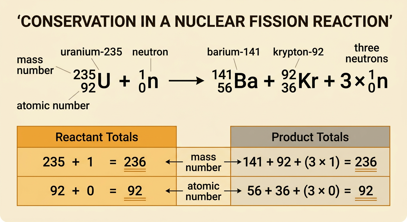 A balanced uranium-235 fission equation shows upper-left mass numbers and lower-left atomic numbers on every nuclear symbol.