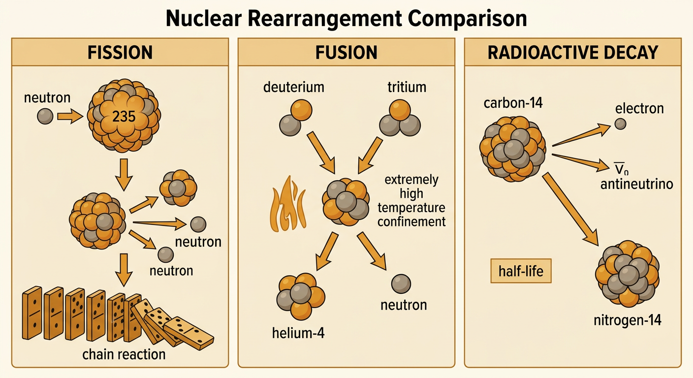 A three-panel comparison shows a fission chain reaction, fusion of deuterium and tritium, and carbon-14 radioactive decay.