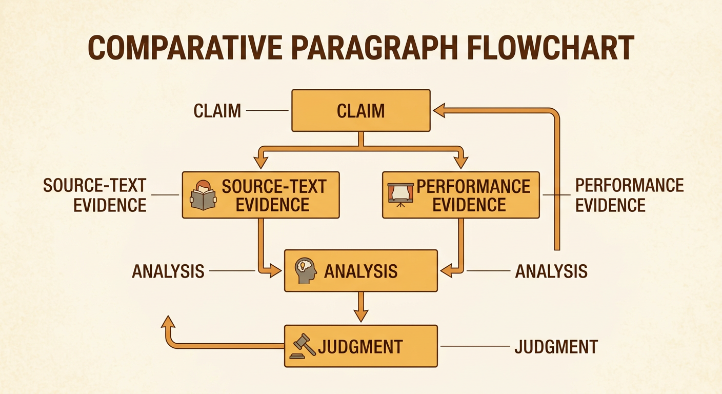 An essay organizer links an evaluative thesis to textual details, performance details, reasoning, and a final assessment.