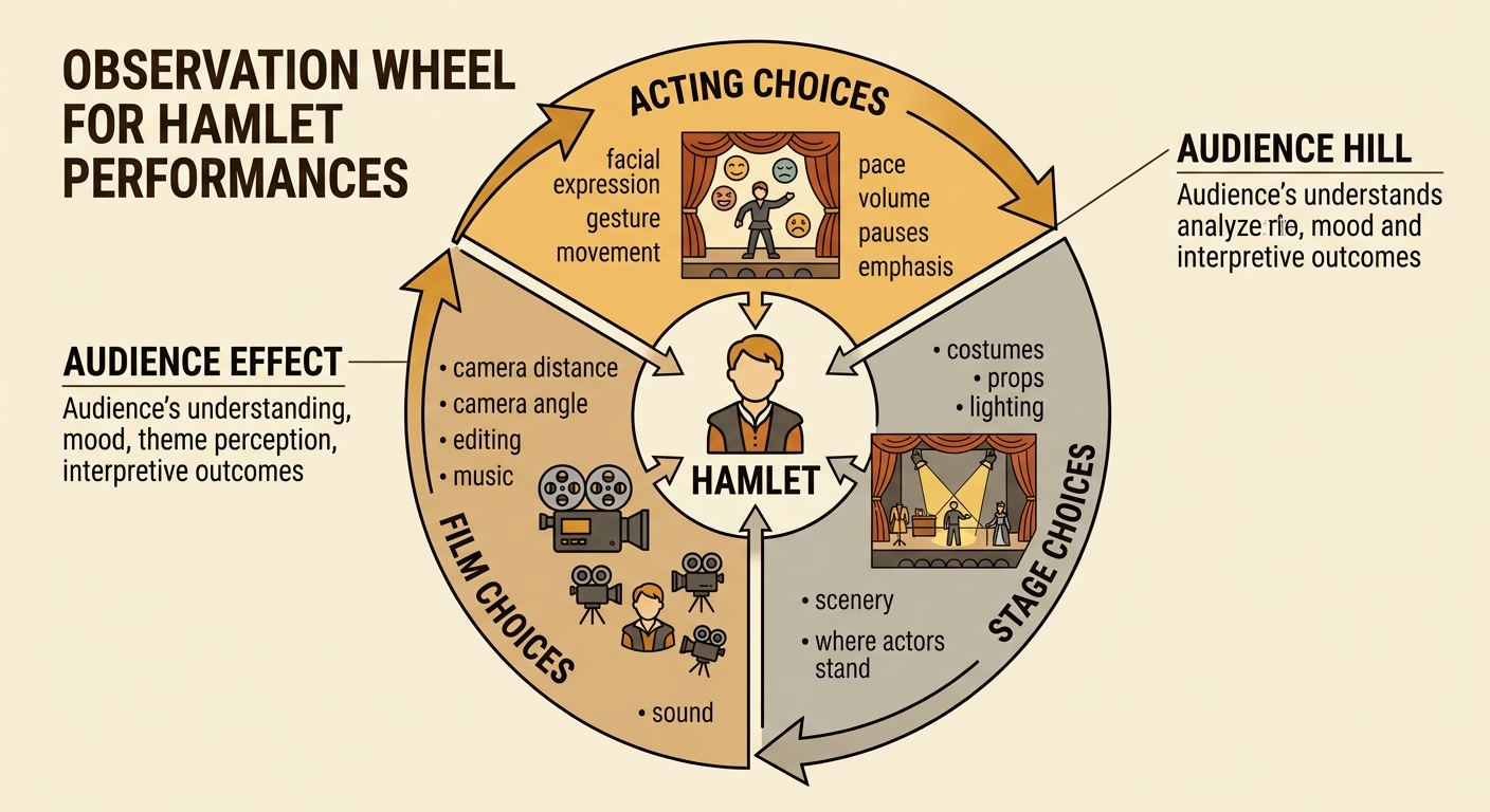 Two performances of Hamlet contrast a solitary spotlight with a mirror, close camera framing, and visible observers.