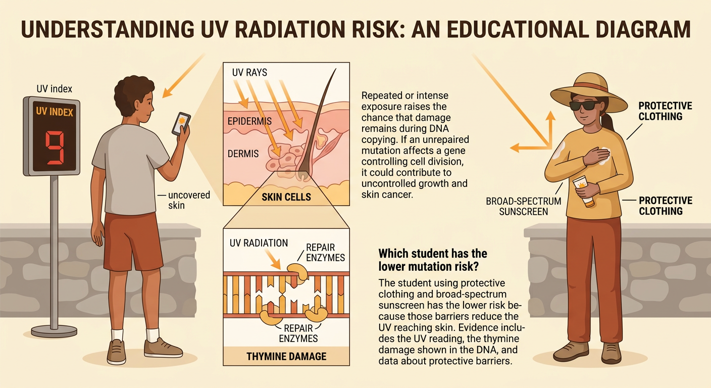 Two students stand outdoors at midday beside a UV index reading and a DNA diagram showing UV-caused thymine damage.