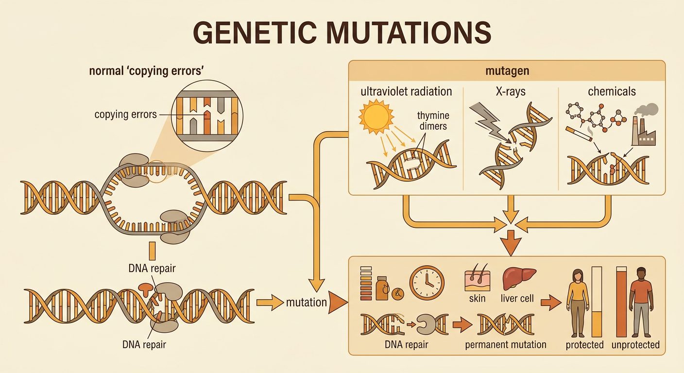 A diagram shows DNA damage caused by copying errors, ultraviolet radiation, X-rays, and harmful chemicals, along with DNA repair.