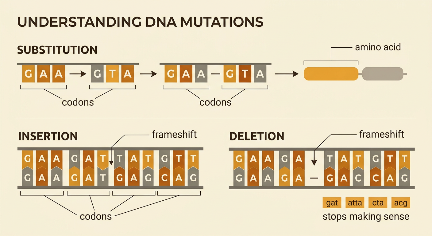 A diagram compares substitution, insertion, and deletion mutations and shows how a one-base change can cause a frameshift.