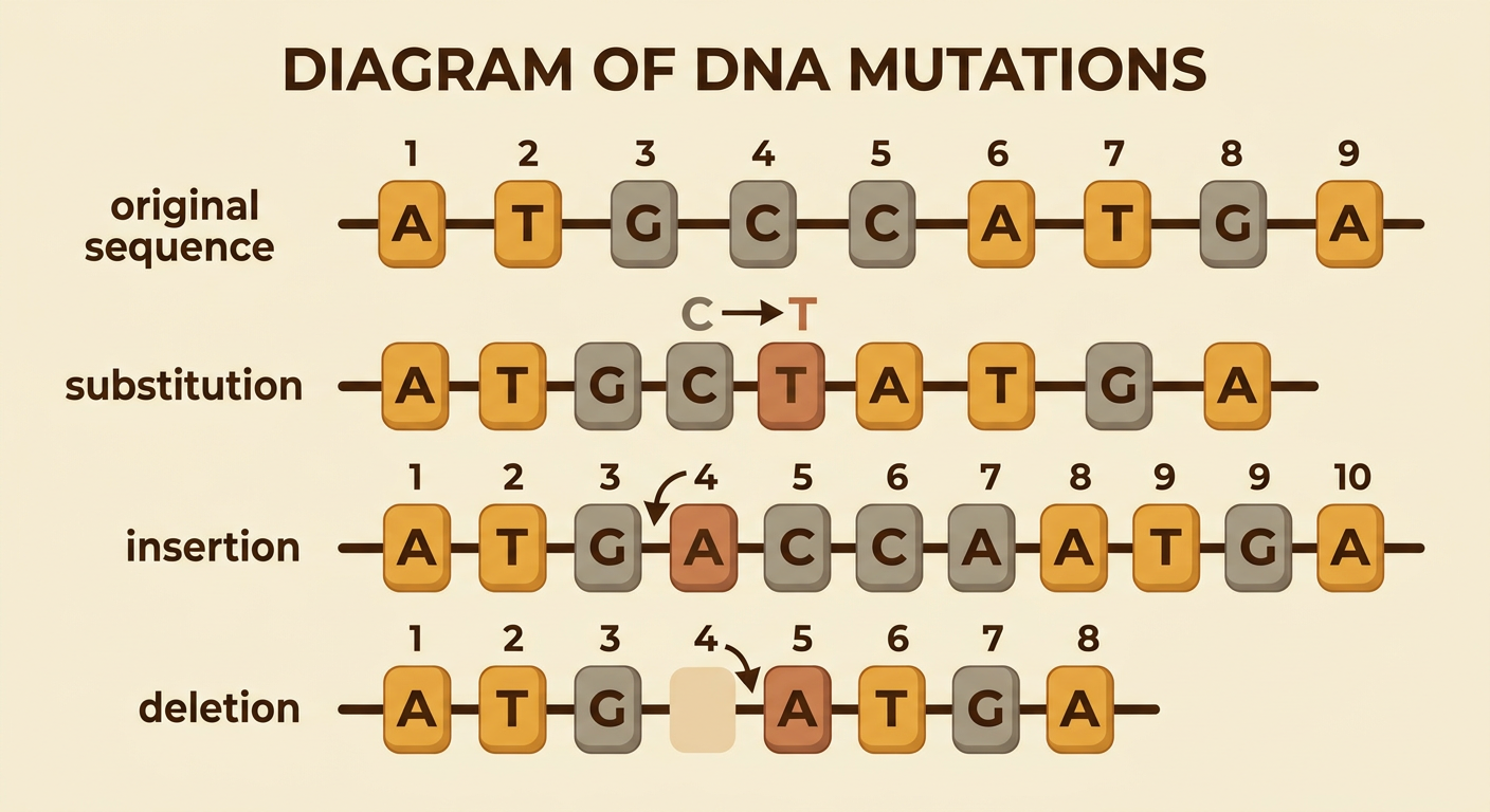 Four aligned DNA sequences show an original sequence and examples of substitution, insertion, and deletion.