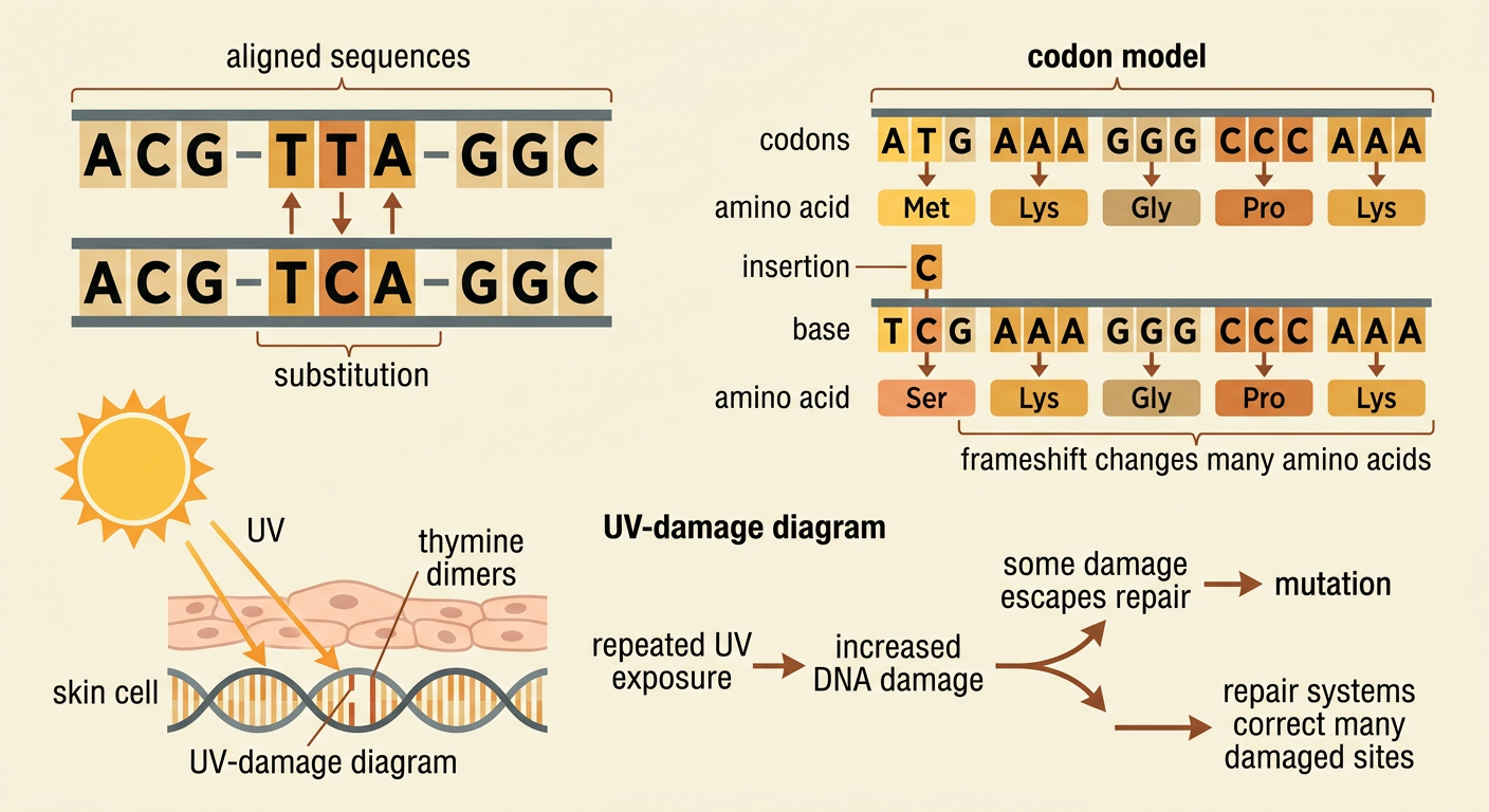 An exit-ticket page shows aligned DNA sequences, a shifted codon model, and a UV-damage diagram as evidence.