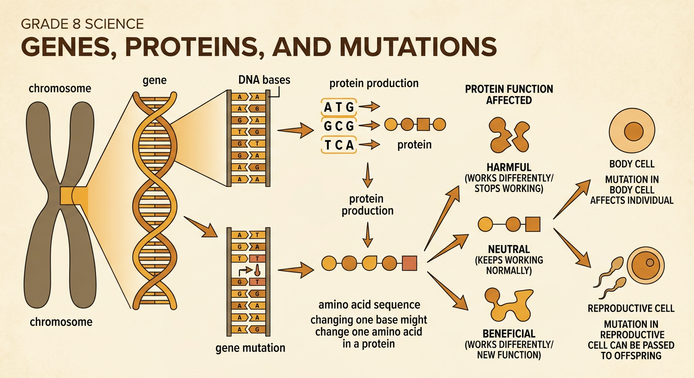 A diagram connects a chromosome and gene to DNA bases, a gene mutation, and a possibly altered protein.