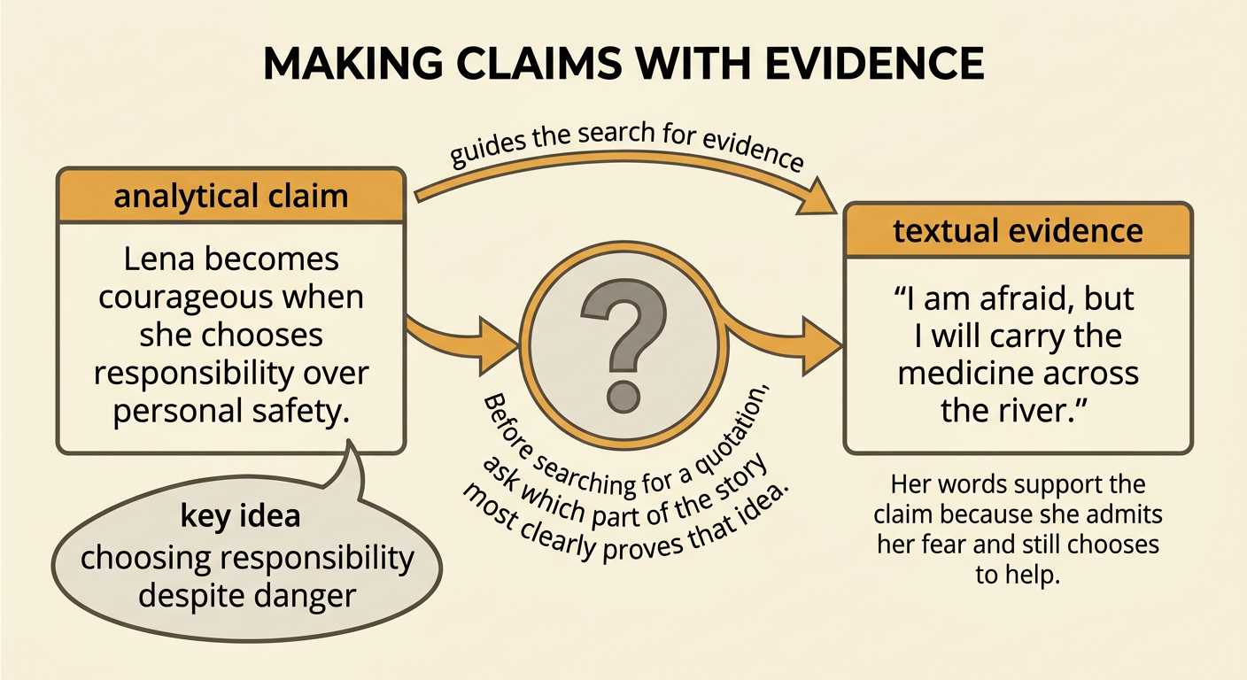 A diagram connects a claim about Lena’s courage to her statement about carrying medicine across a dangerous river.