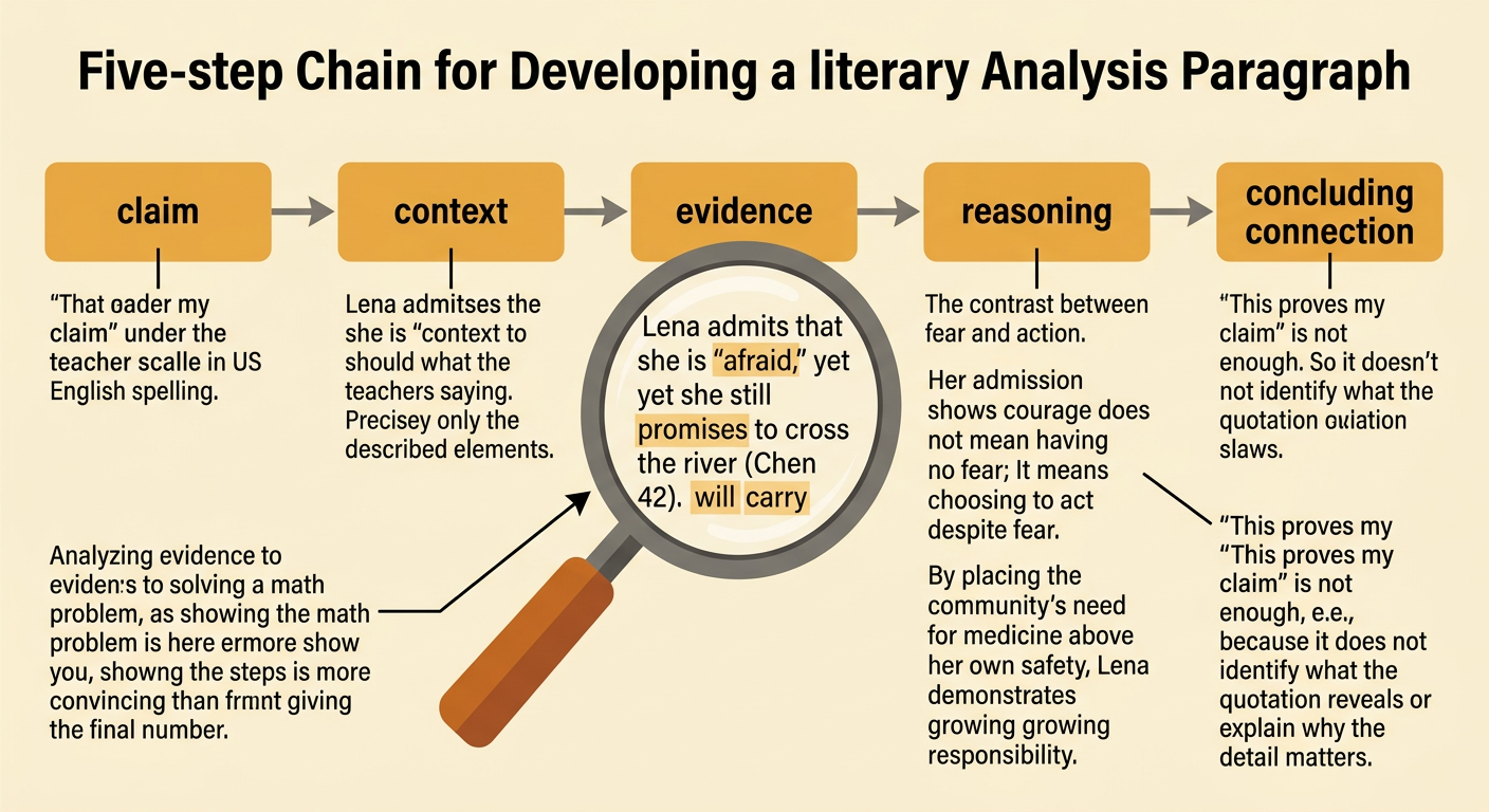 A color-coded paragraph chain moves from an analytical claim through evidence and reasoning to a concluding connection.