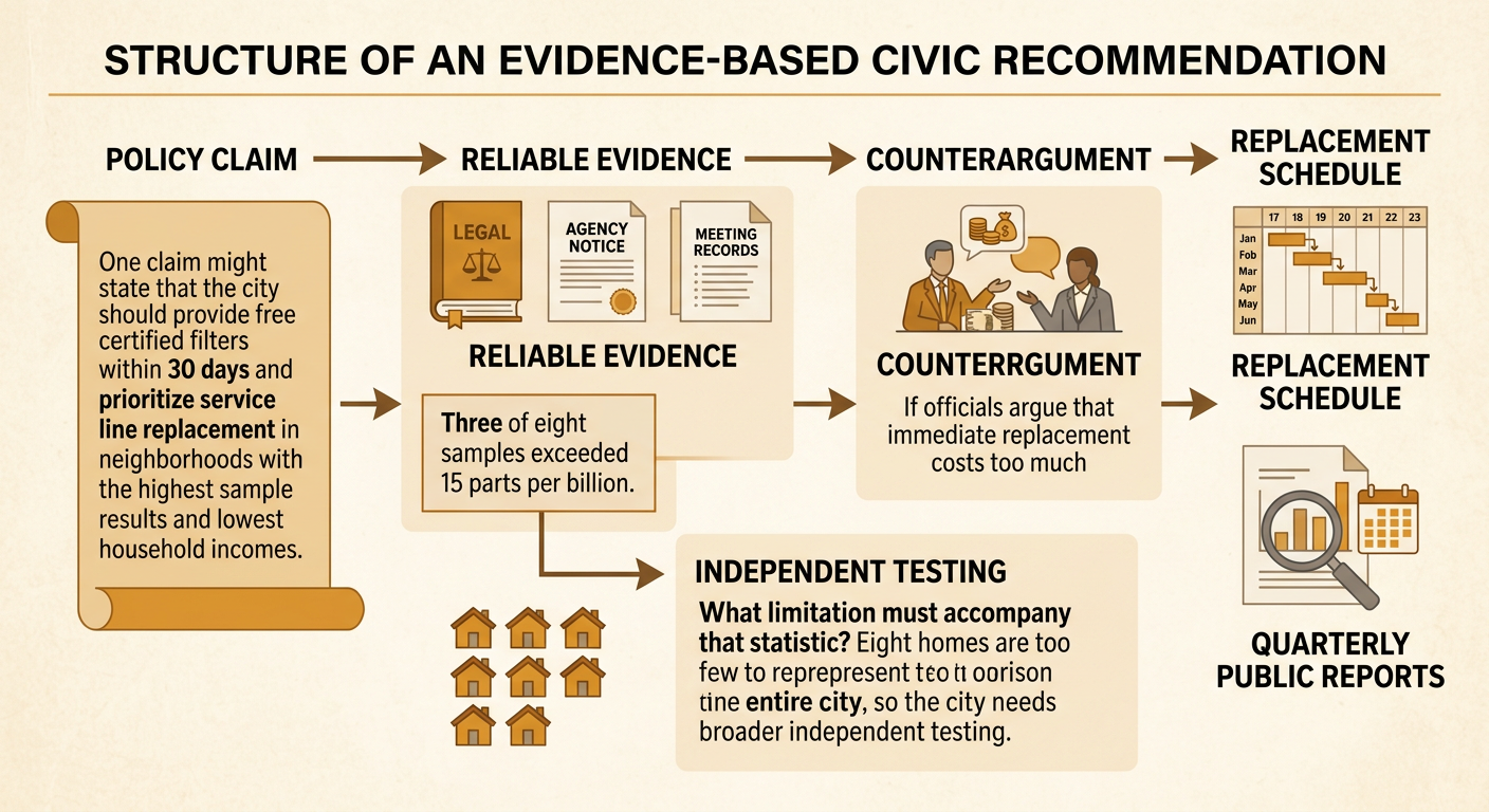 A civic recommendation plan links a policy claim to data, limitations, counterarguments, and measurable oversight.