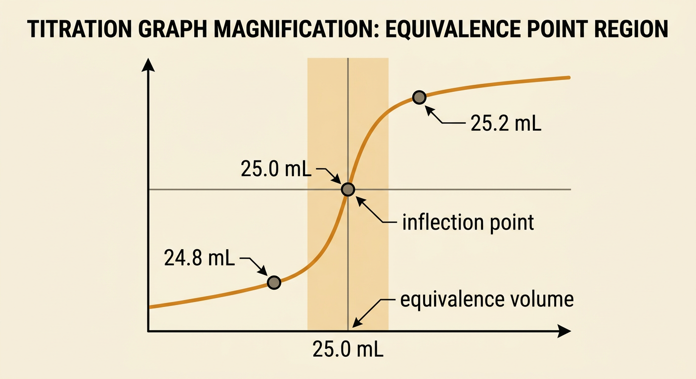 An enlarged curve shows pH values around a centered inflection point and an equivalence volume of 25.0 milliliters.