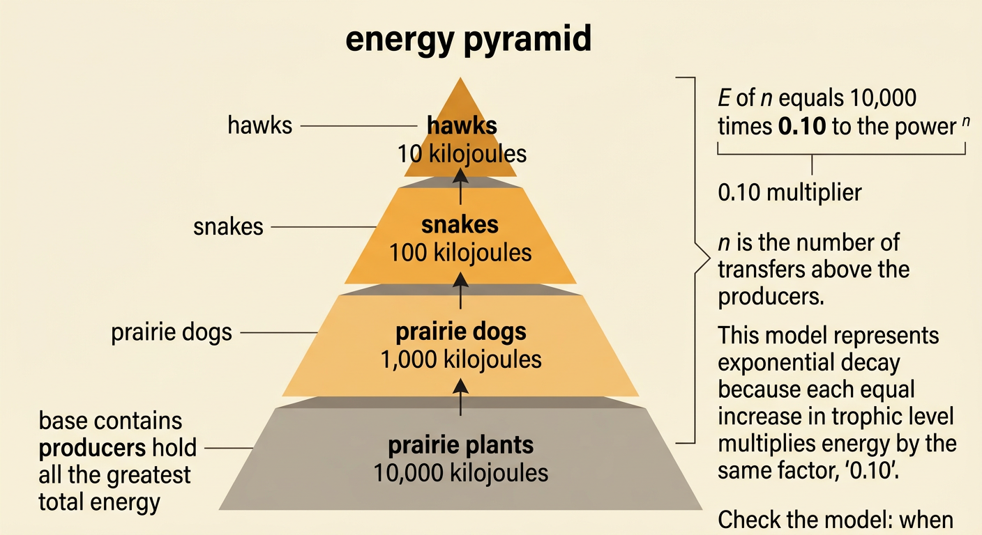 An energy pyramid shows prairie plants, prairie dogs, snakes, and hawks on levels that shrink from 10,000 to 10 kilojoules.