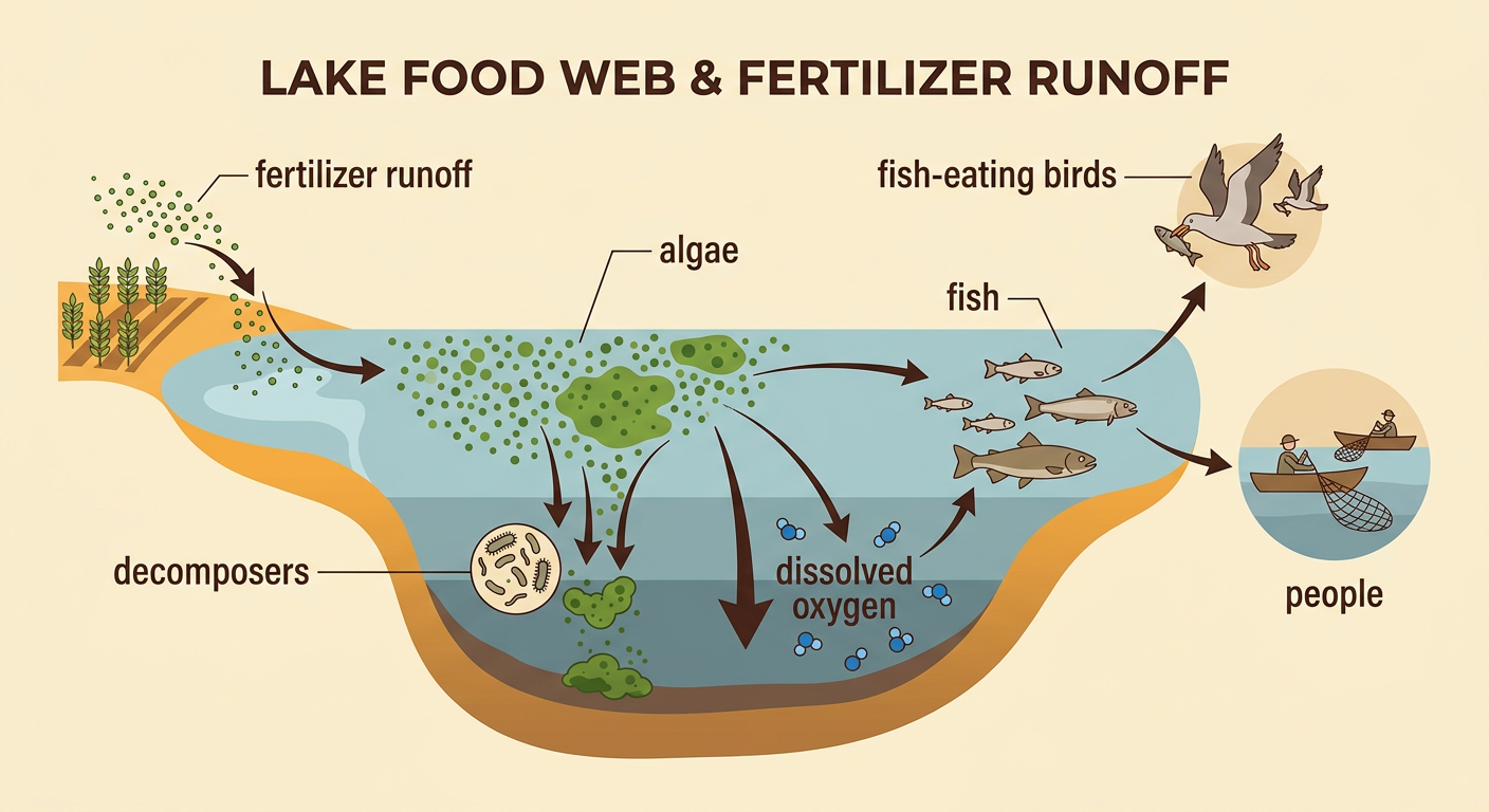 A lake cause-and-effect diagram connects fertilizer runoff and excess algae to decomposition, low oxygen, fish loss, and reduced food for birds.