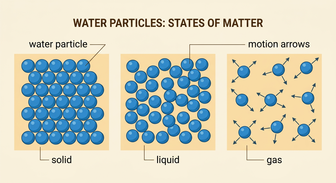 A particle diagram compares closely packed solid particles, sliding liquid particles, and widely spaced gas particles made from the same water particles.