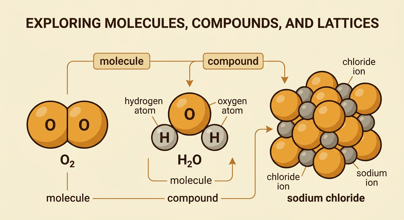 A comparison picture shows separate O2 and H2O molecules beside the repeating structure of sodium chloride.