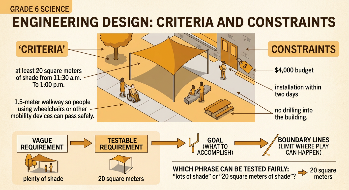 A labeled courtyard shade plan shows measurable goals and design limits for a canopy project.