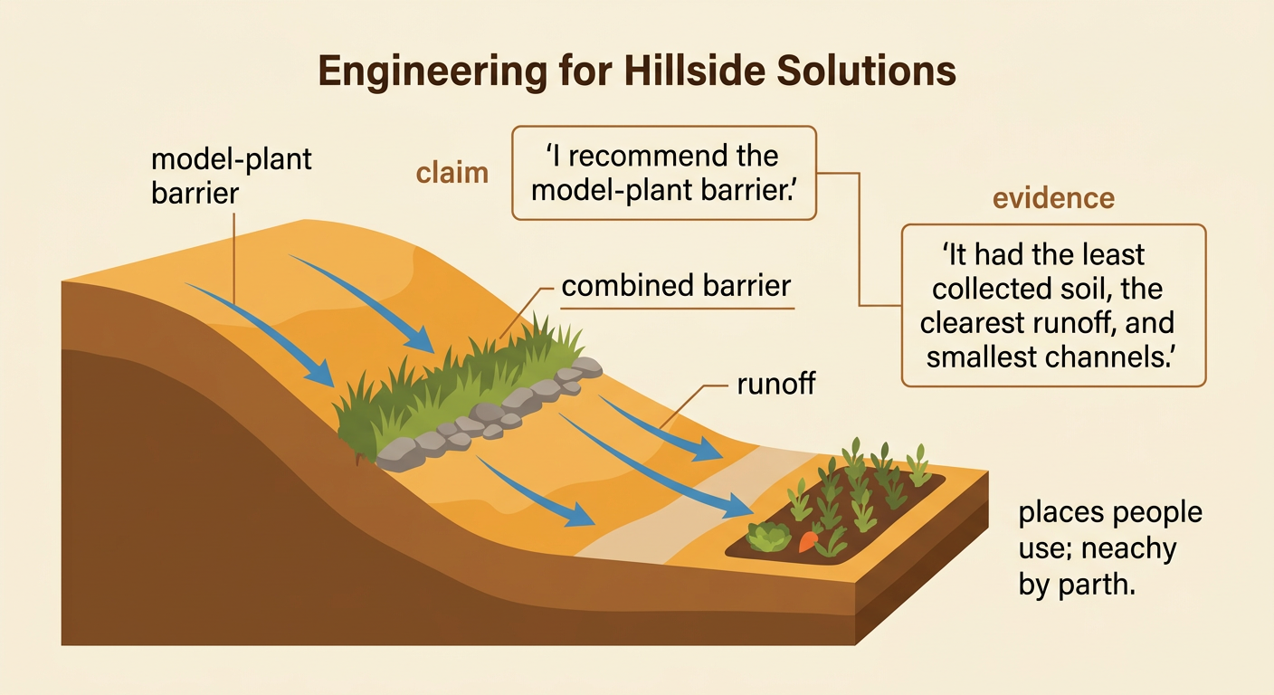 A rainy hillside near a home shows plants and a short rock row slowing runoff while a claim-and-evidence note explains the choice.