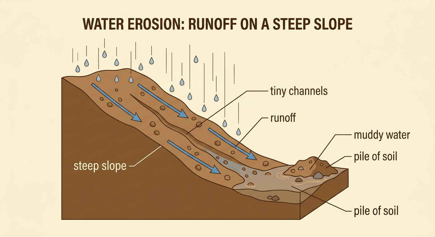 Rainwater runs down a bare, steep dirt hill, forming tiny channels and leaving muddy water and a soil pile at the bottom.