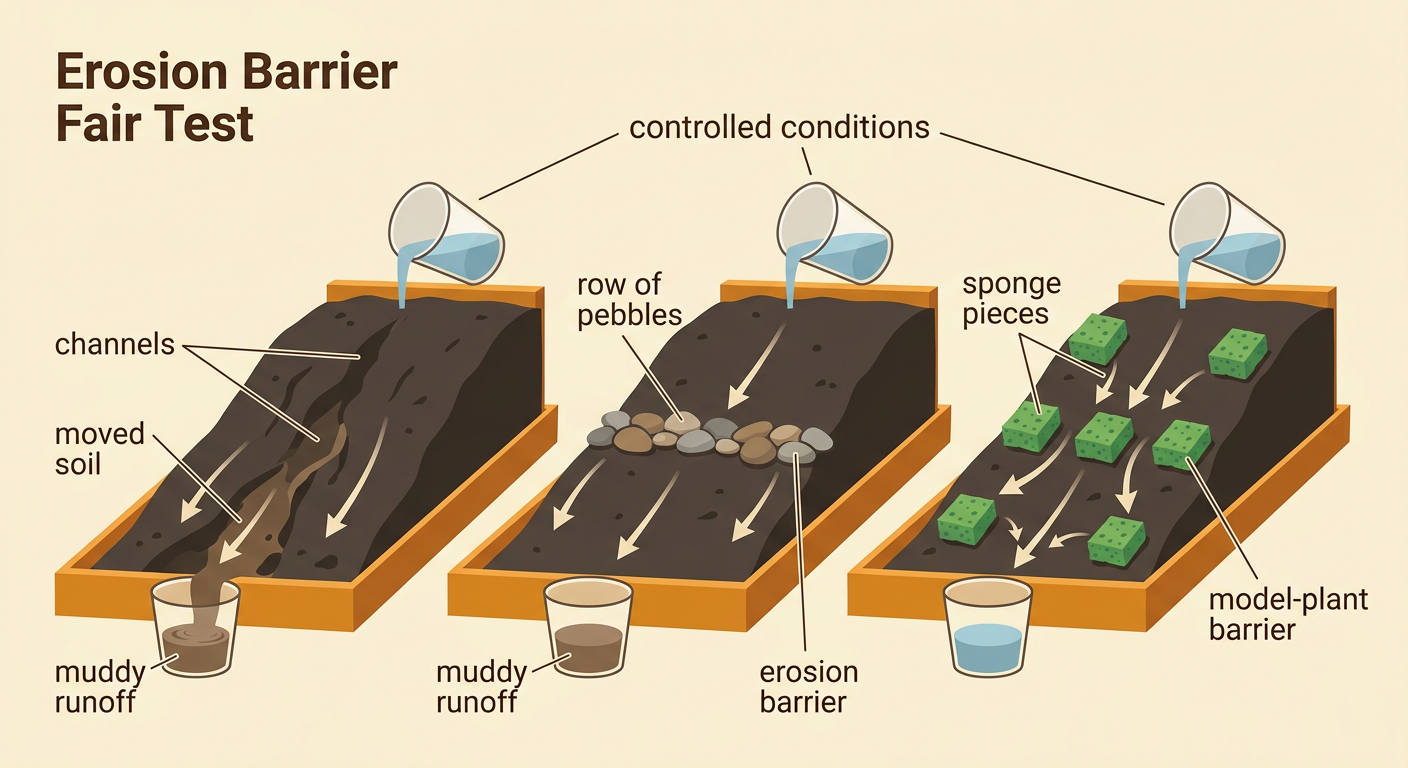 Equal streams of water flow down three matching slopes: one bare, one with a pebble barrier, and one with a sponge model-plant barrier.