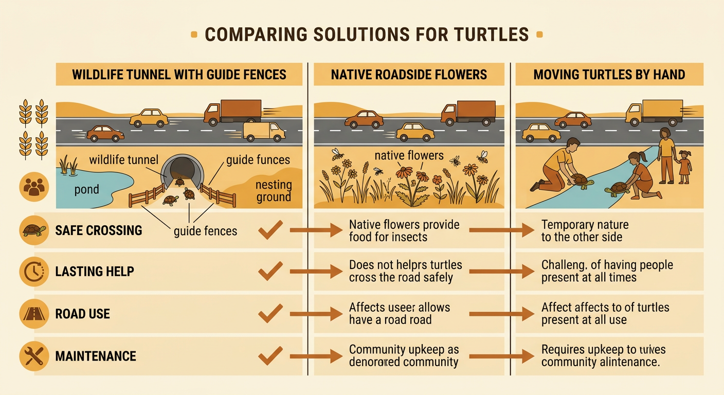 A comparison picture shows a wildlife tunnel and guide fences beside weaker choices of native flowers and hand-moving turtles.