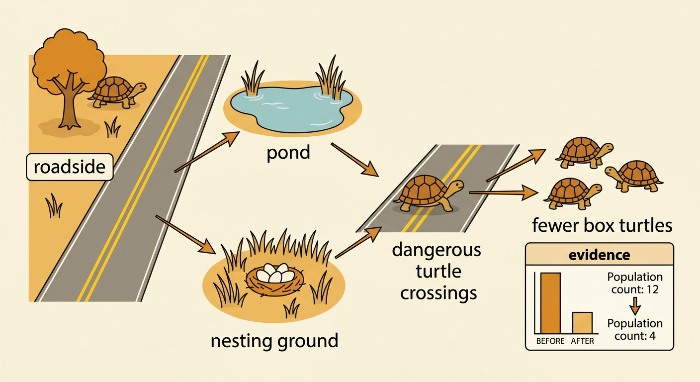 An evidence board connects the declining box turtle bars to a road between the pond and nesting ground.