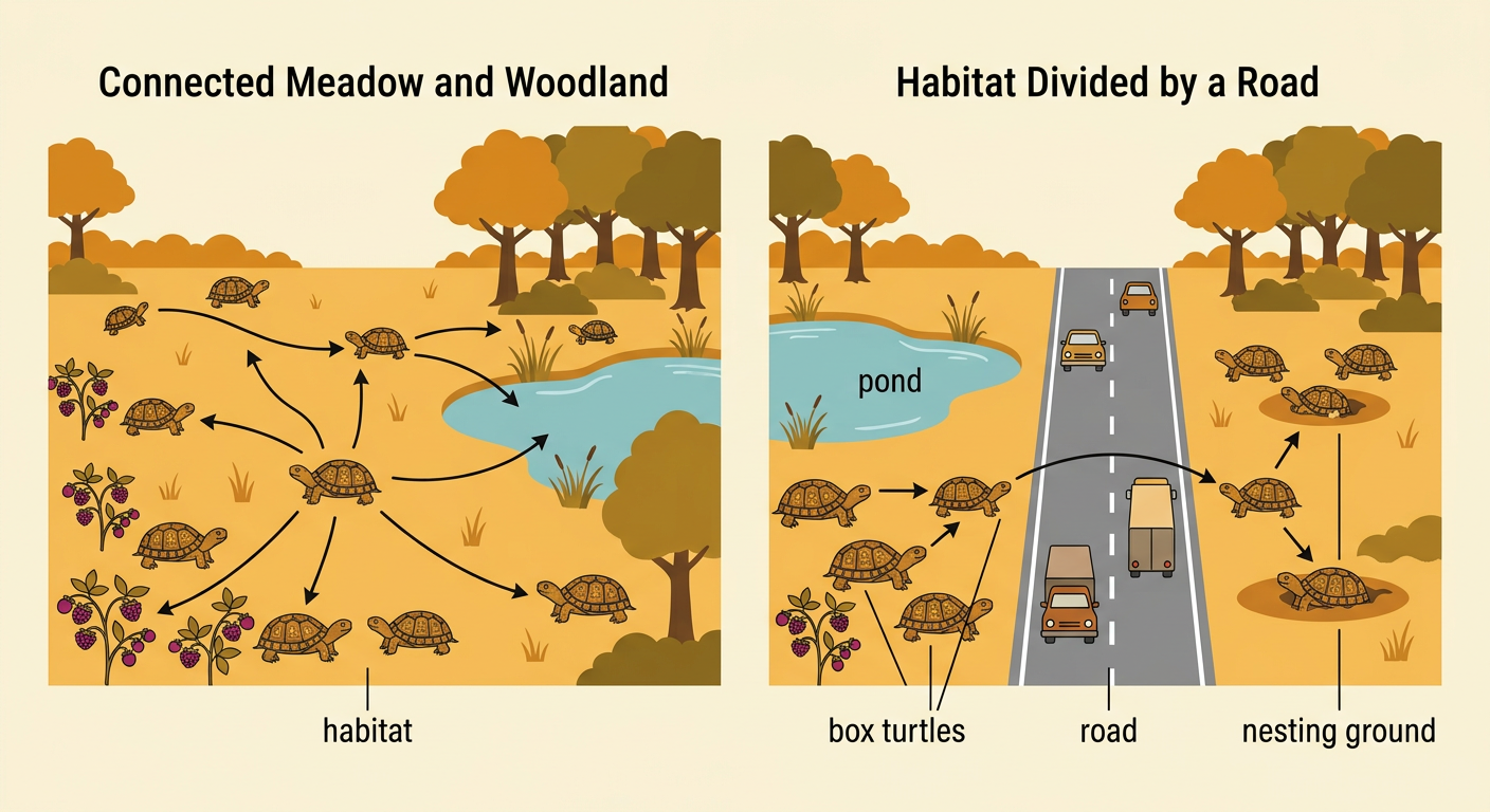 A road divides a turtle habitat, with a pond on one side and nesting ground on the other.