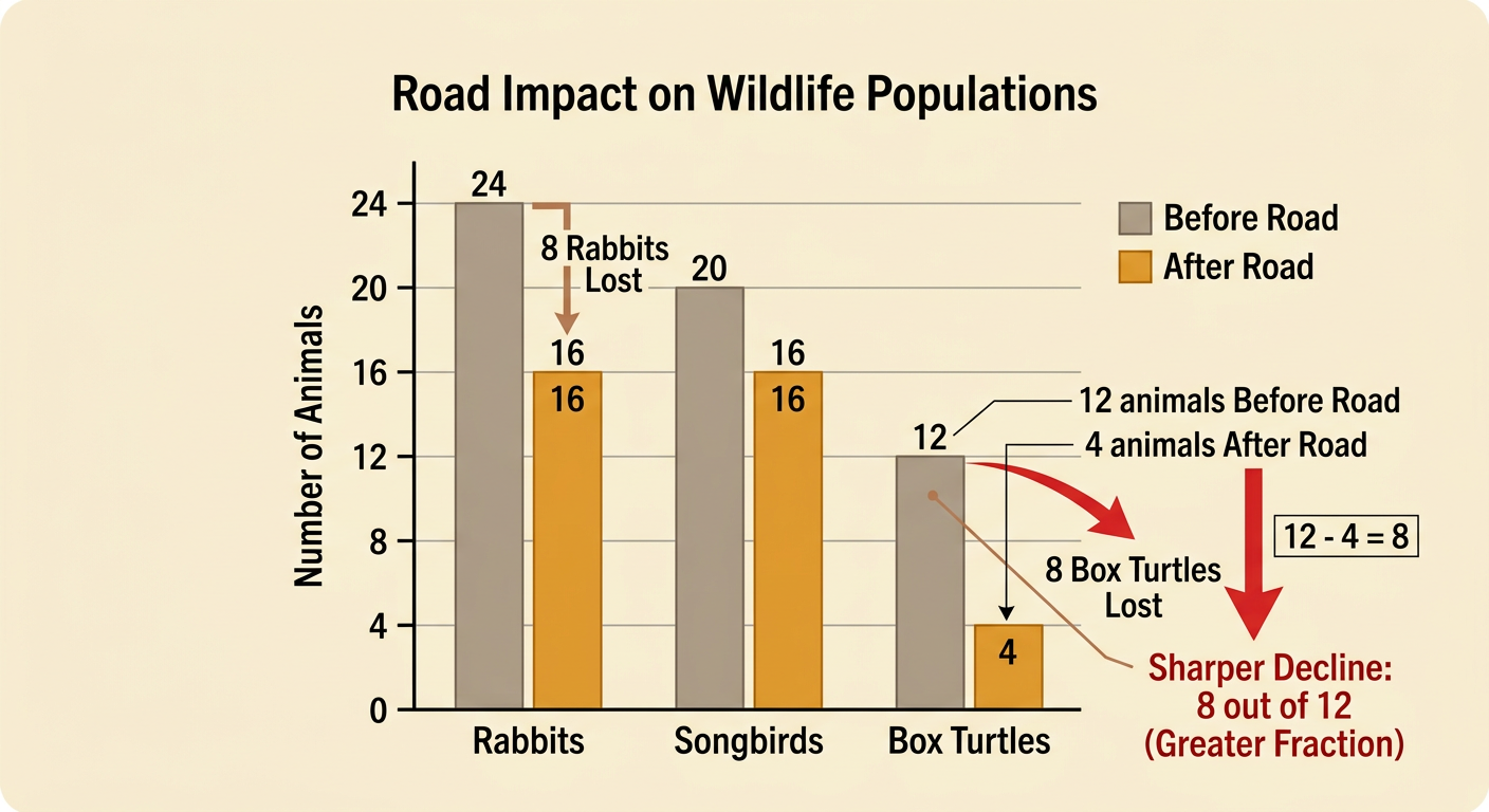 A scaled bar graph compares rabbit, songbird, and box turtle counts before and after the road.