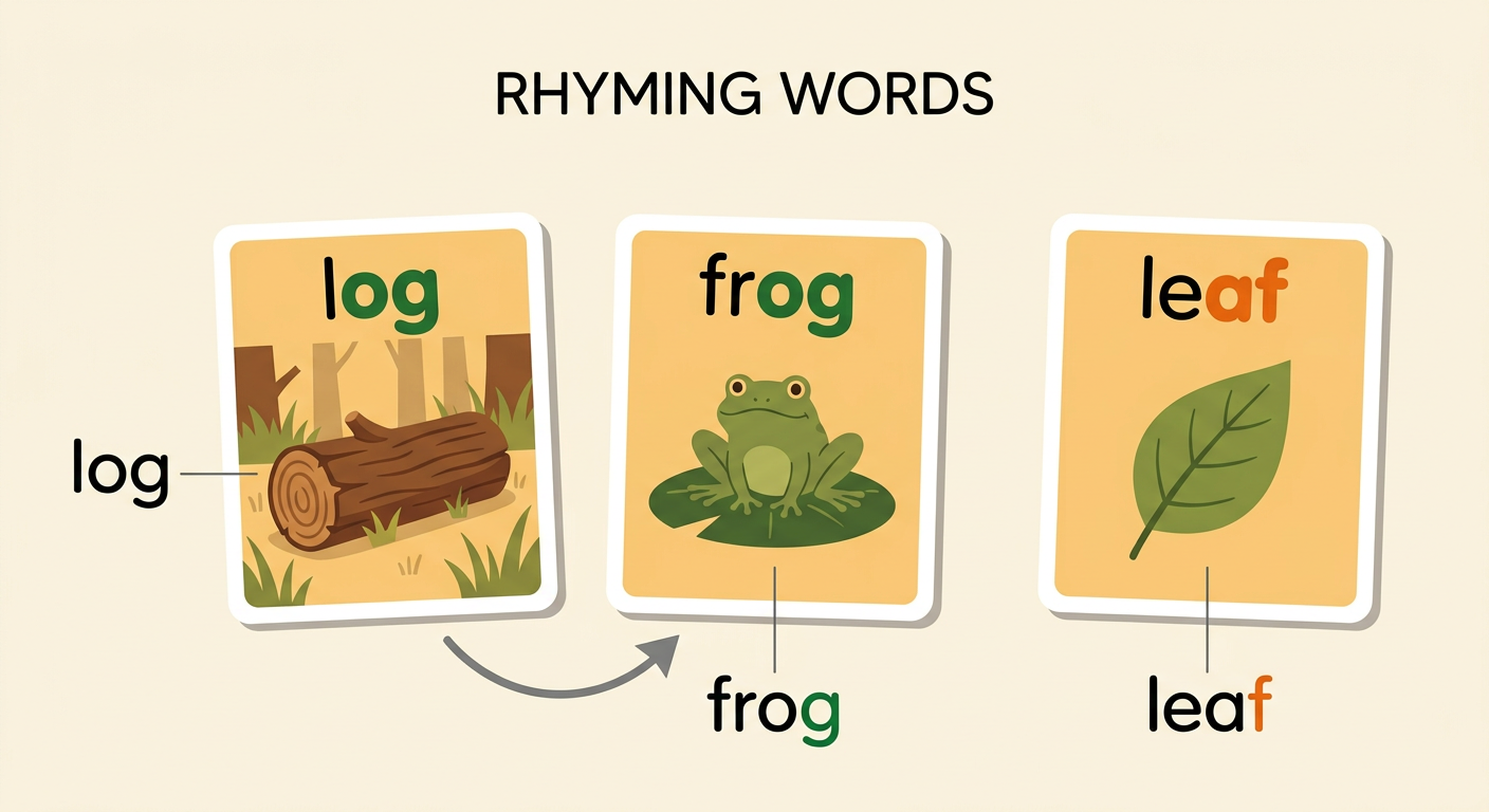 A frog sits on a log beside a leafy plant, with the three picture words labeled.