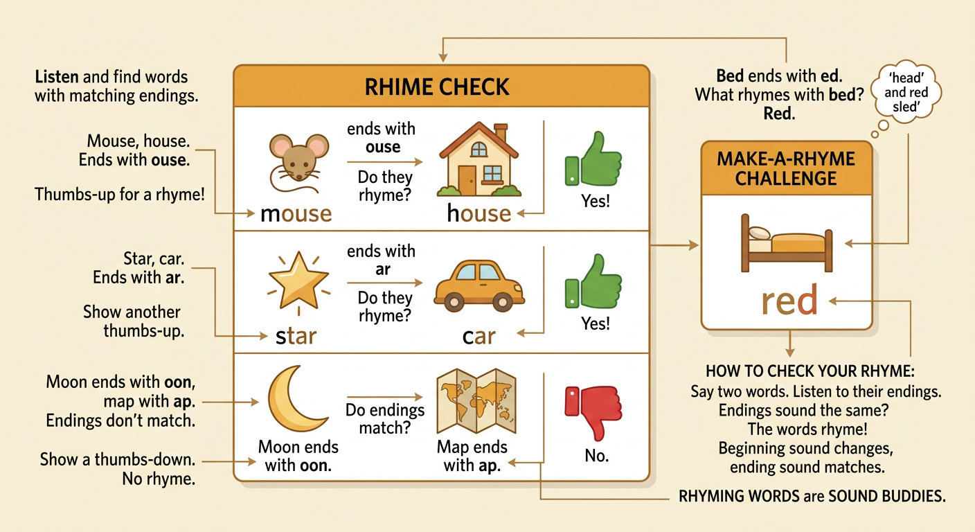 Picture cards show a mouse by a house, a star above a car, a moon beside a map, and a red bed for the final rhyme check.