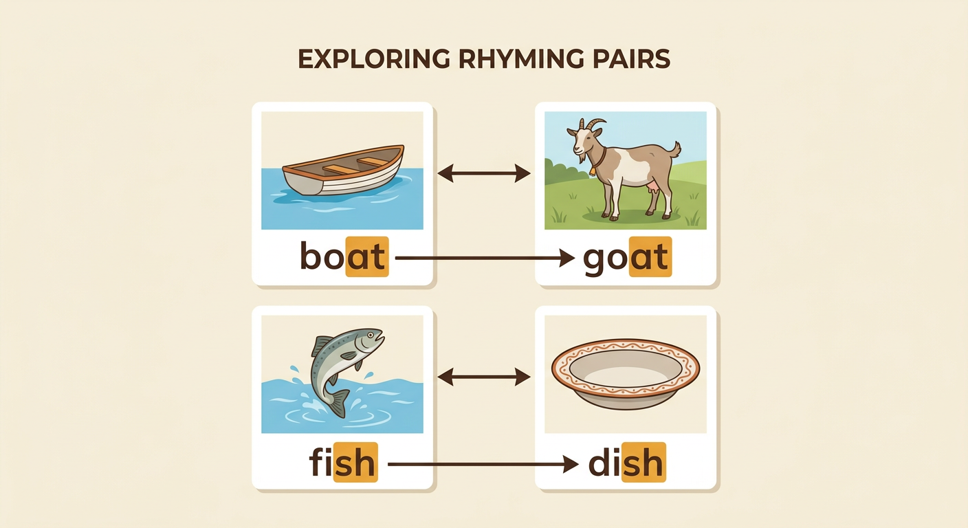 Four picture cards show a boat, a goat, a fish, and a dish, with lines connecting each rhyming pair.