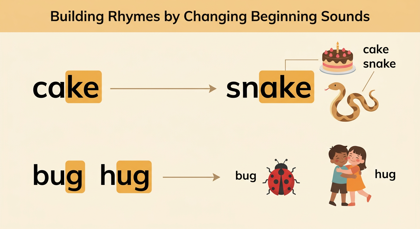 A cake and a snake appear above a bug receiving a hug, with each rhyming word labeled.