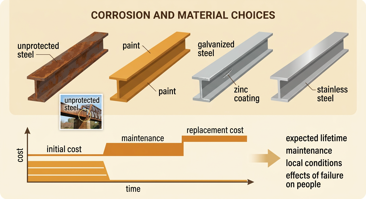 A bridge diagram compares rusting unprotected steel, painted steel, galvanized steel with a zinc coating, and stainless steel.