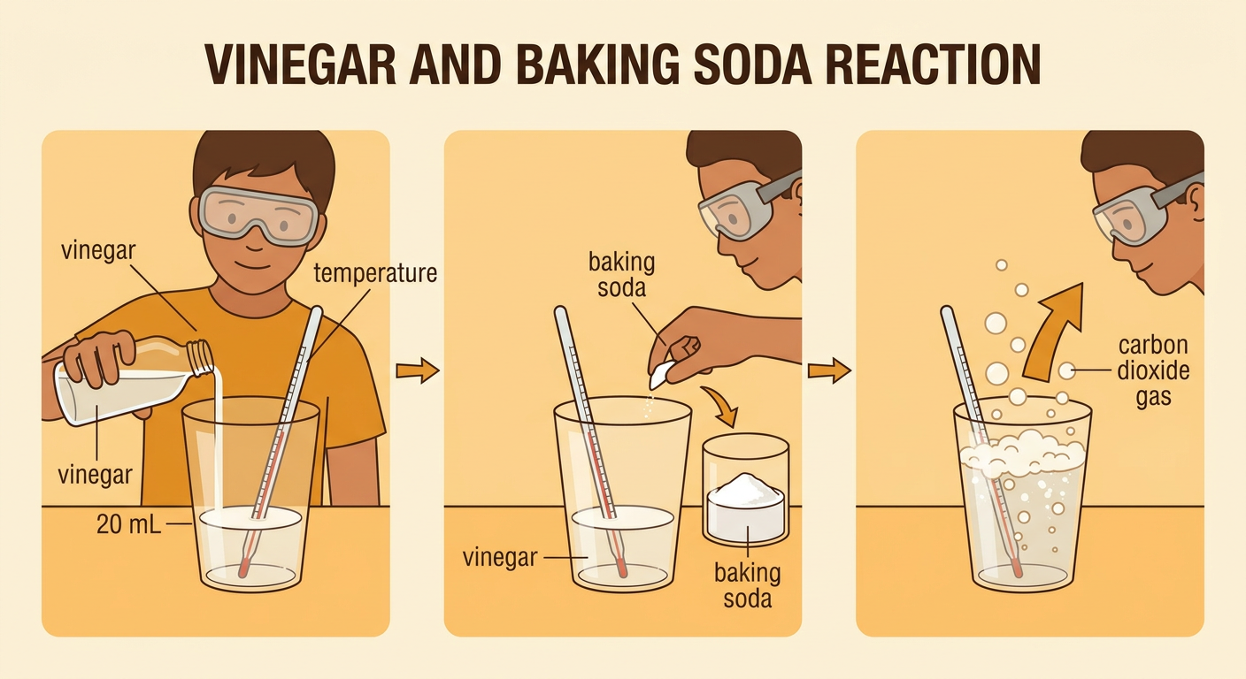 A goggled student adds measured baking soda to vinegar in an open cup as foam and carbon dioxide gas rise.