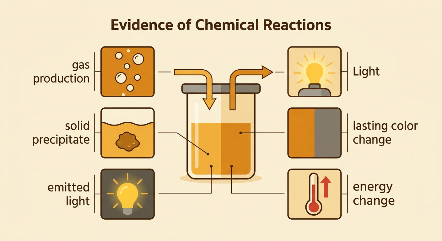 Two clear solutions are mixed and produce a cloudy solid precipitate alongside symbols for gas production and energy change.