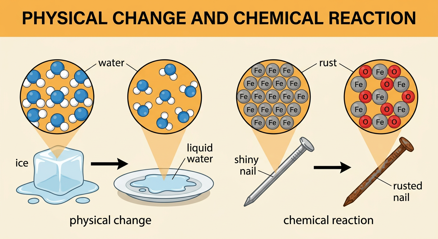 A melting ice cube labeled as a physical change is compared with a rusty nail labeled as a chemical reaction.