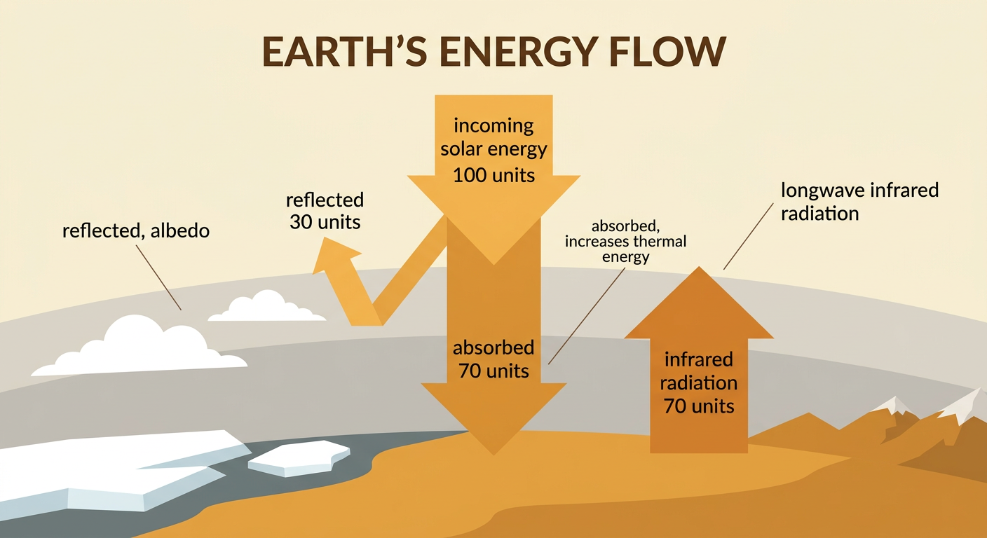An Earth energy diagram shows sunlight being reflected by bright snow and absorbed by dark ocean before leaving as infrared radiation.