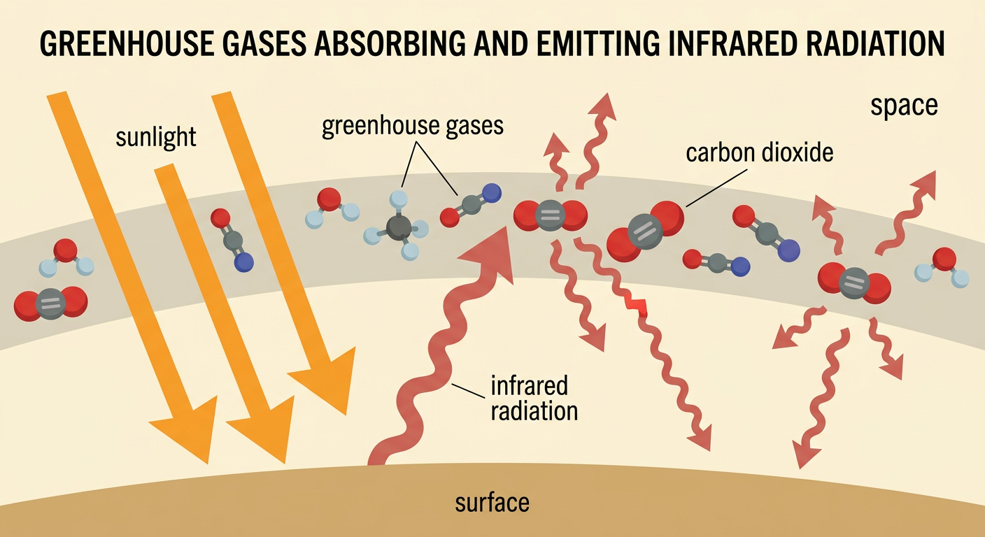 Infrared arrows rise from Earth’s surface, interact with greenhouse gases, and travel both toward space and back downward.