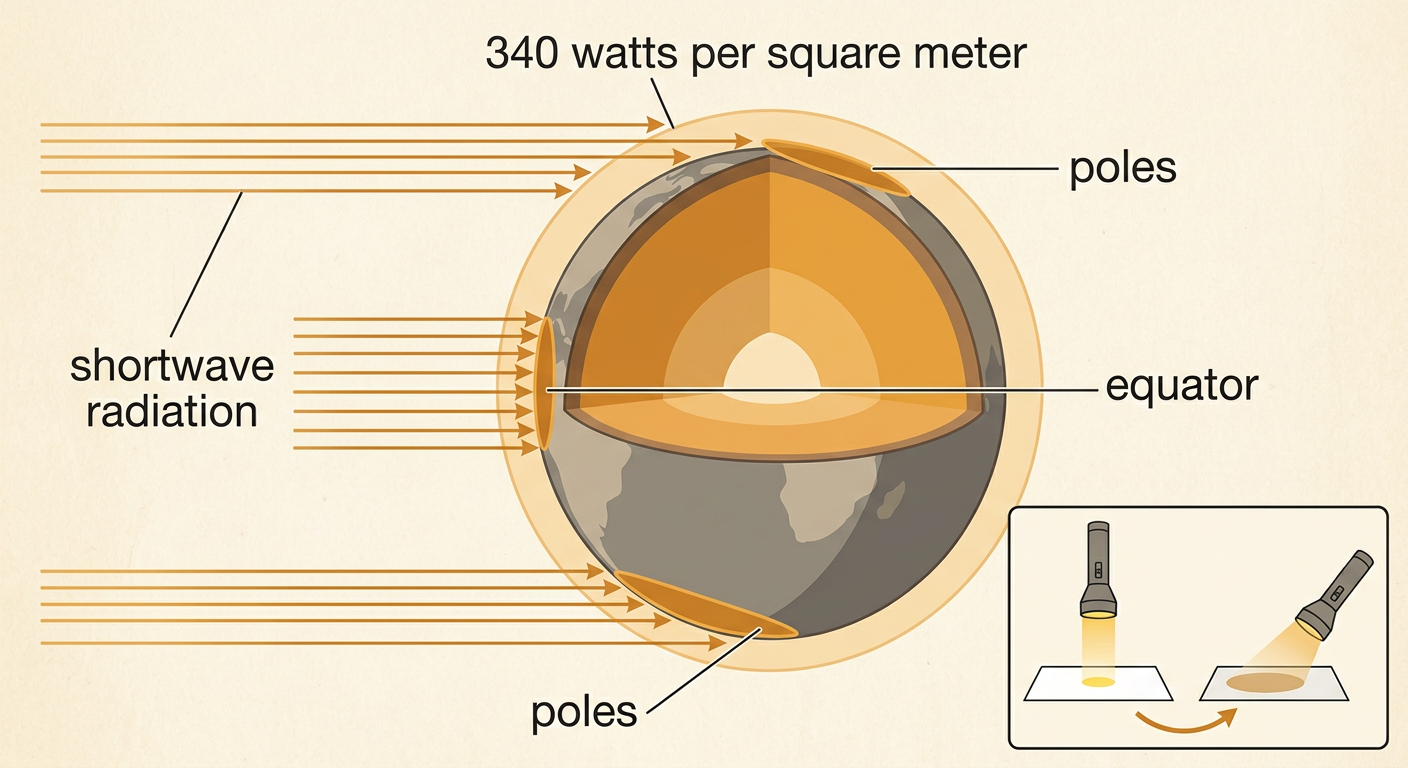 A Sun shines shortwave radiation on a curved Earth, with direct rays at the equator and angled rays at the poles.