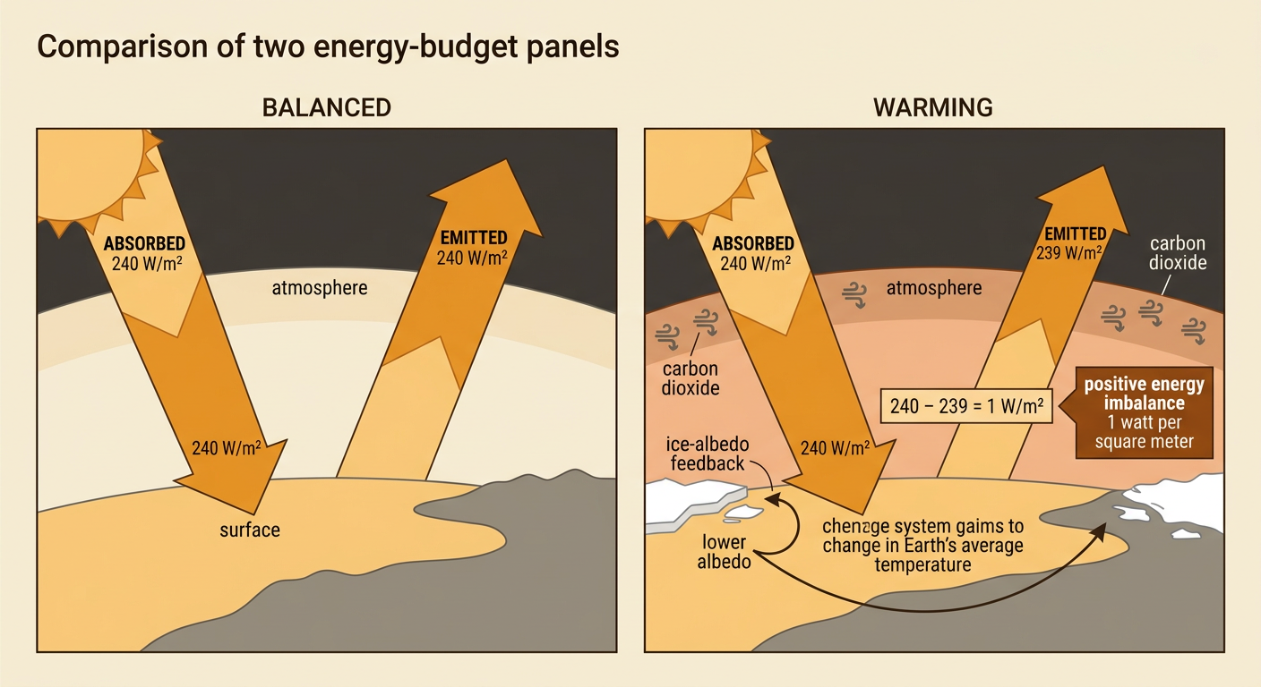 A climate diagram shows a one-watt energy imbalance warming Earth and melting reflective ice to expose darker ocean.