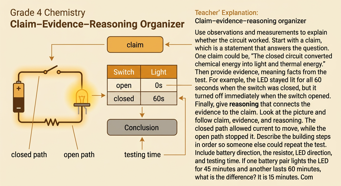A results sheet connects a circuit test's claim, evidence, and reasoning to measured lighting times.