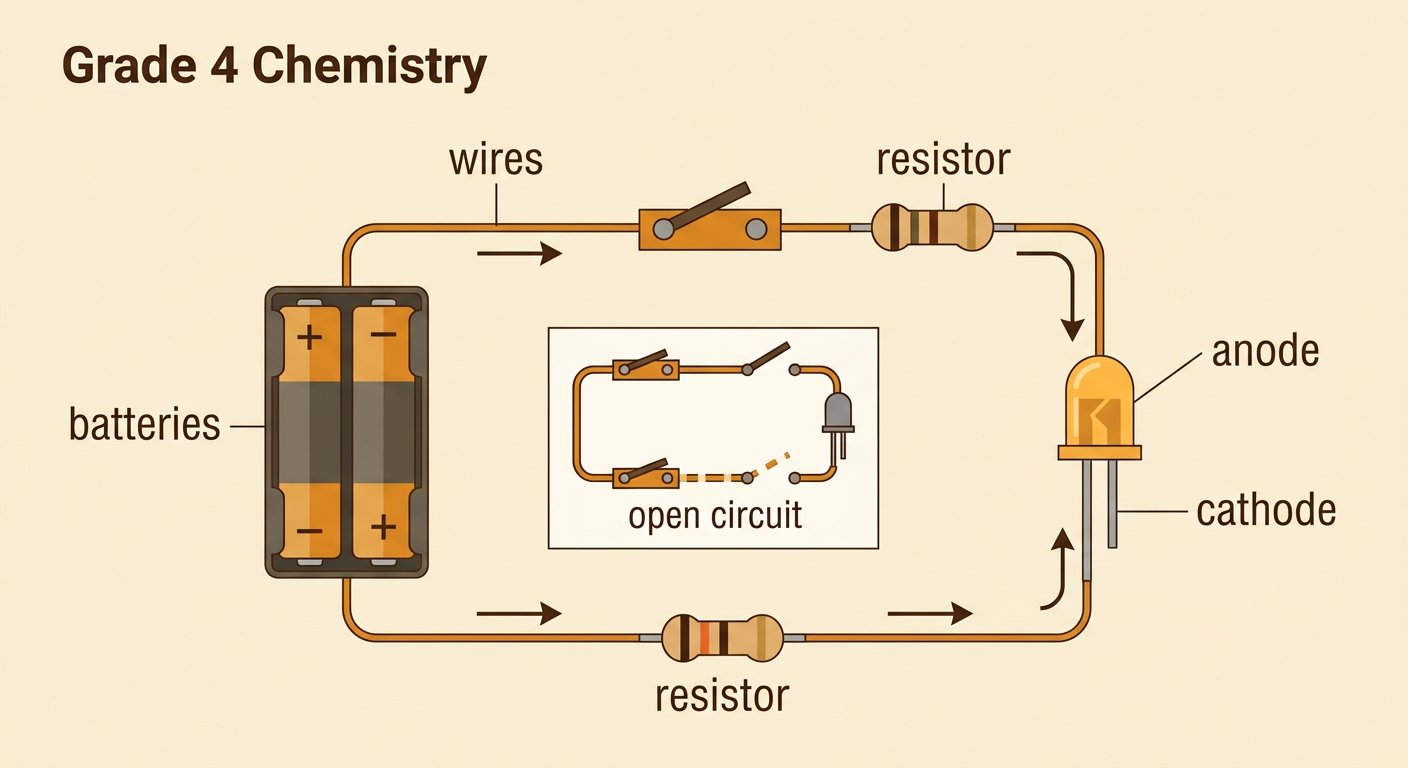 A labeled simple circuit shows batteries, wires, a resistor, an LED, and an open switch.