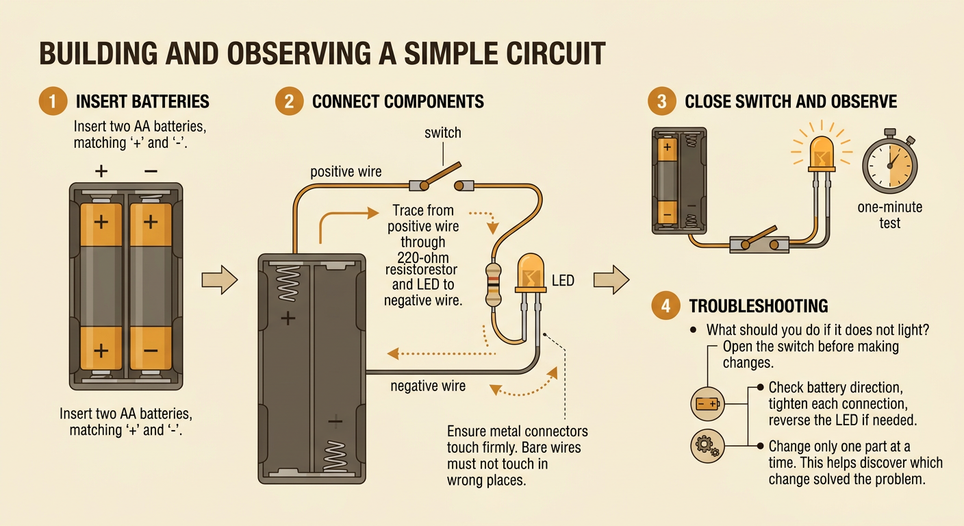 A correctly assembled battery circuit shows the connection order and a switch ready to close for a one-minute test.