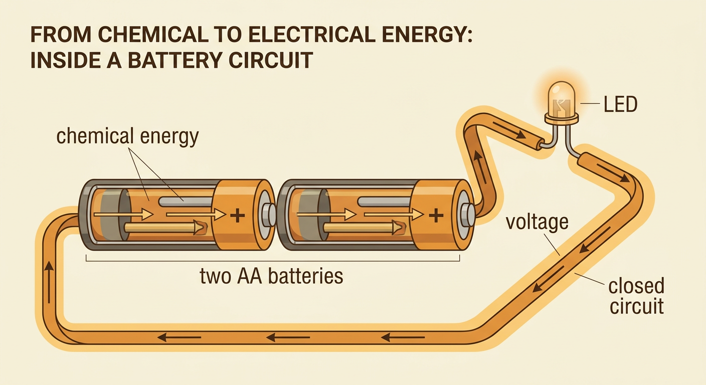 Two AA batteries power a glowing LED through a closed circuit, with stored energy shown inside the batteries.