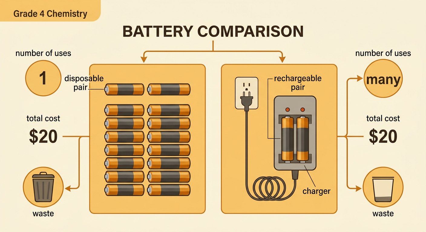 A side-by-side comparison shows ten disposable battery pairs versus one rechargeable pair with a charger.