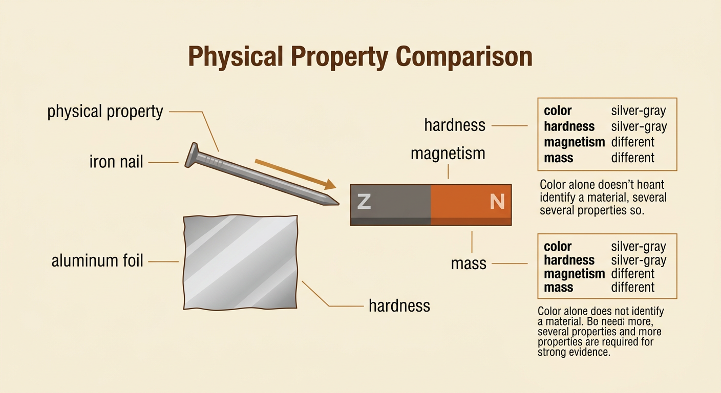An iron nail and equal-sized piece of aluminum foil are compared by color, scratching, a magnet, and a balance.